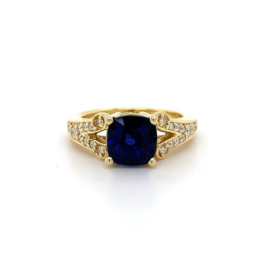 2.5ct Cushion Sapphire + 0.50ct Dia Ring 18kt Yellow Gold