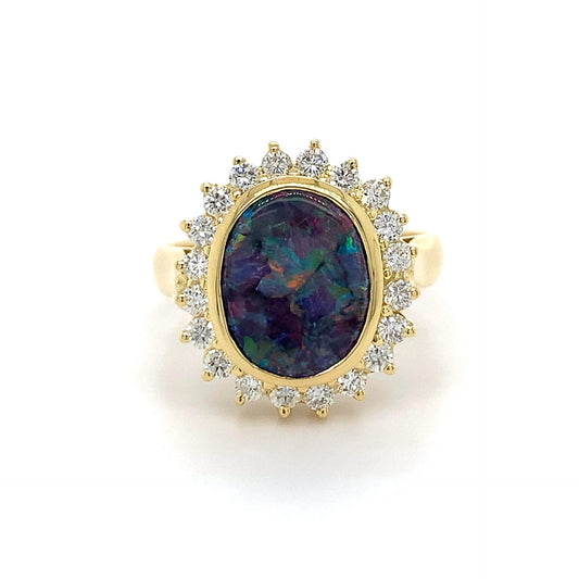 2.0ct Black Opal + 0.50ct Dia Halo 18kt Yellow Gold