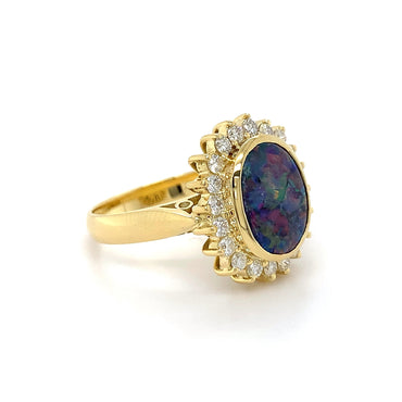 2.0ct Black Opal + 0.50ct Dia Halo 18kt Yellow Gold