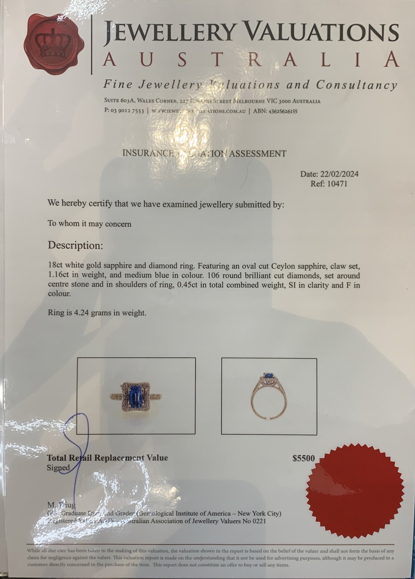 1.16ct Oval Ceylon sapphire + 0.45ct Dia