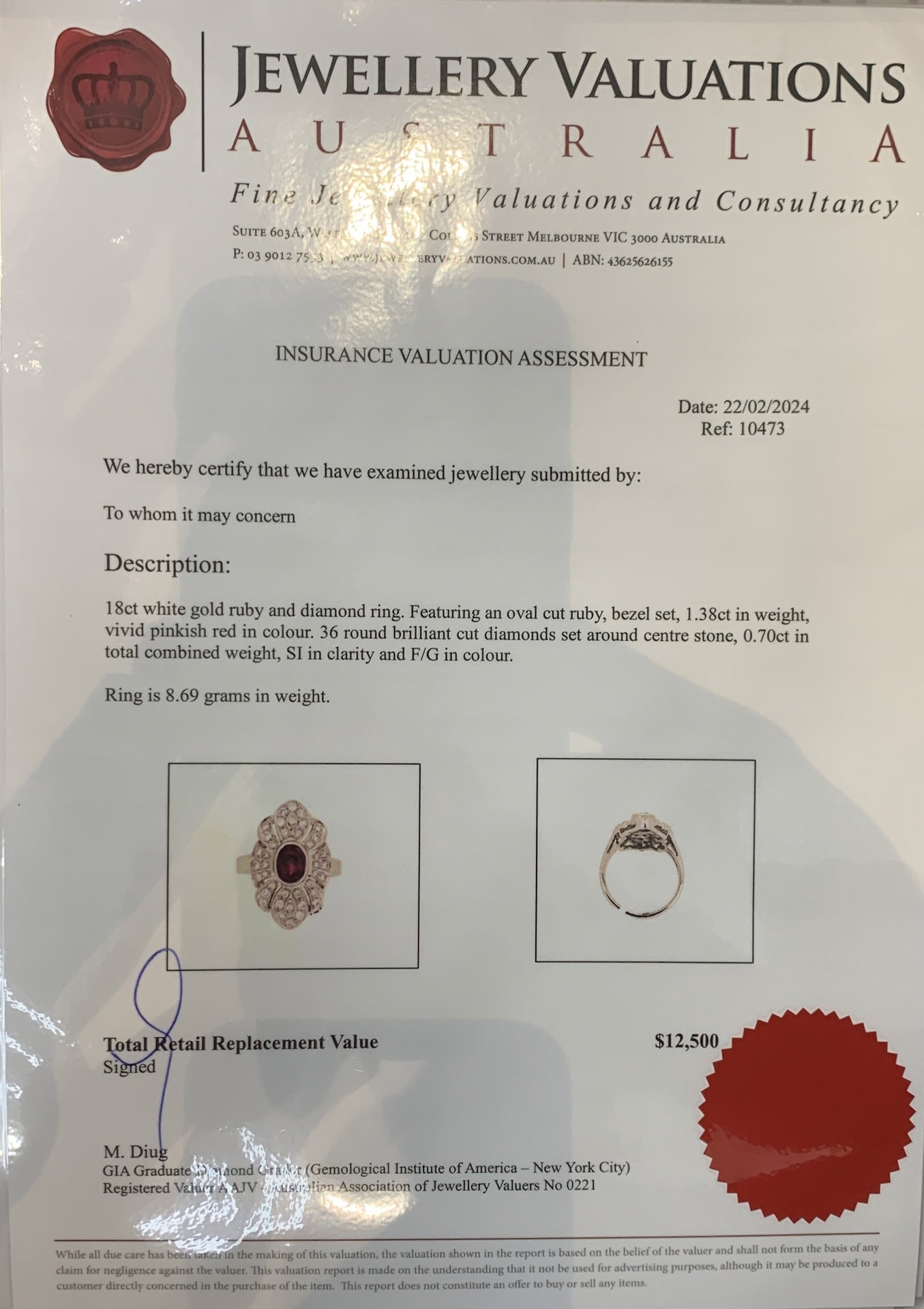 1.38ct Natural ruby + 0.70ct Dia Ring 18kt White Gold