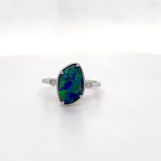 Aus Solid Opal 0.021ct Dia 14kt WG Ring