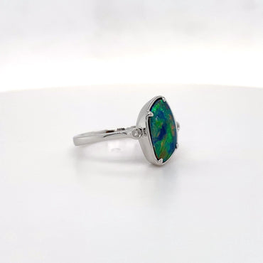 Aus Solid Opal 0.021ct Dia 14kt WG Ring