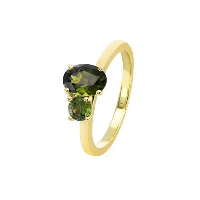 1.05ct Oval + 0.34ct Round Green Sapphire Ring 9kt YG