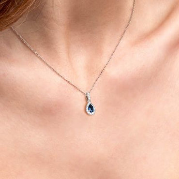 0.24ct Pear Blue Sapphire + 0.10ct Round Dia Necklace 18kt WG