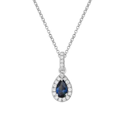 0.24ct Pear Blue Sapphire + 0.10ct Round Dia Necklace 18kt WG