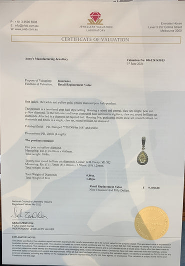 0.86ct Natural Yellow Dia Pear Cut Pendant 18kt