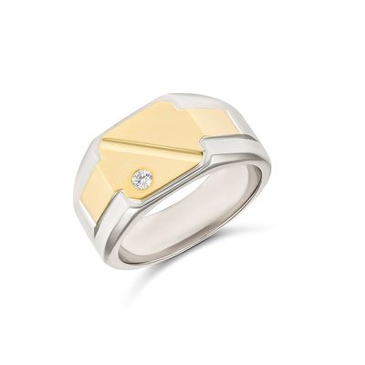 SS with 9K YG Flat Top Diamond Cut Line Gents Ring