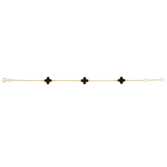 9K Yellow Gold Black Onyx Clover Bracelet 19cm