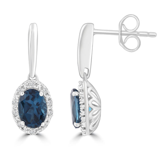 London Blue Topaz Earrings with 0.10ct Diamonds in 9K White Gold