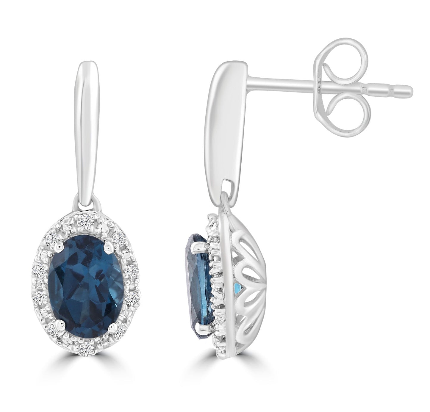 London Blue Topaz Earrings with 0.10ct Diamonds in 9K White Gold