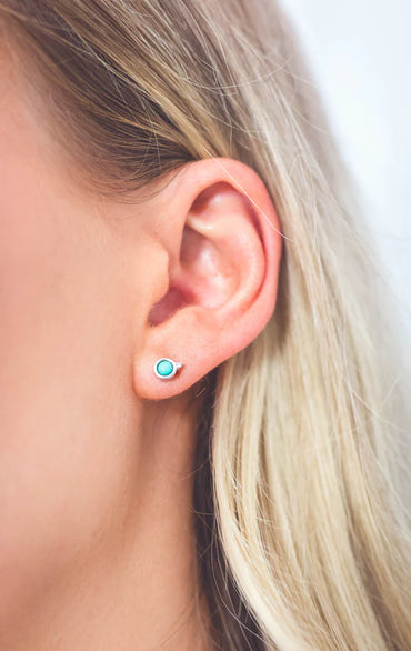 NATURAL TURQUOISE AND TWO NATURAL DIAMOND DECEMBER EARRINGS SILVER