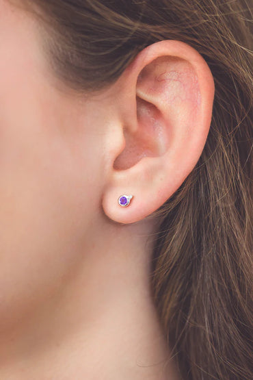 NATURAL AMETHYST AND TWO NATURAL DIAMOND FEBRUARY EARRINGS SILVER