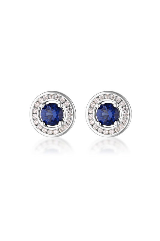 MILESTONE SAP BLUE ZIRCONIA HALO EARRINGS IN SILVER