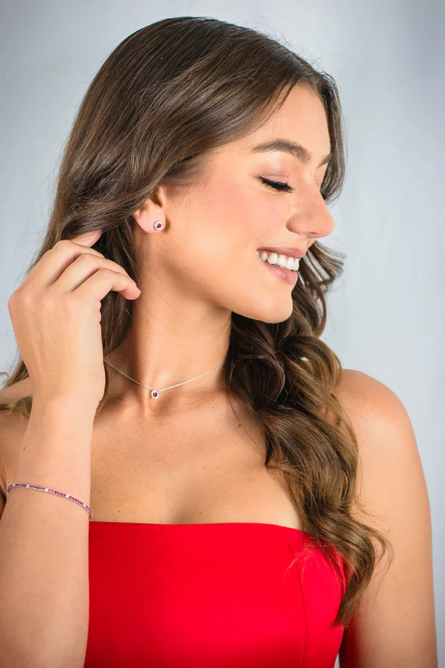 MILESTONE RY RED ZIRCONIA HALO EARRINGS IN SILVER