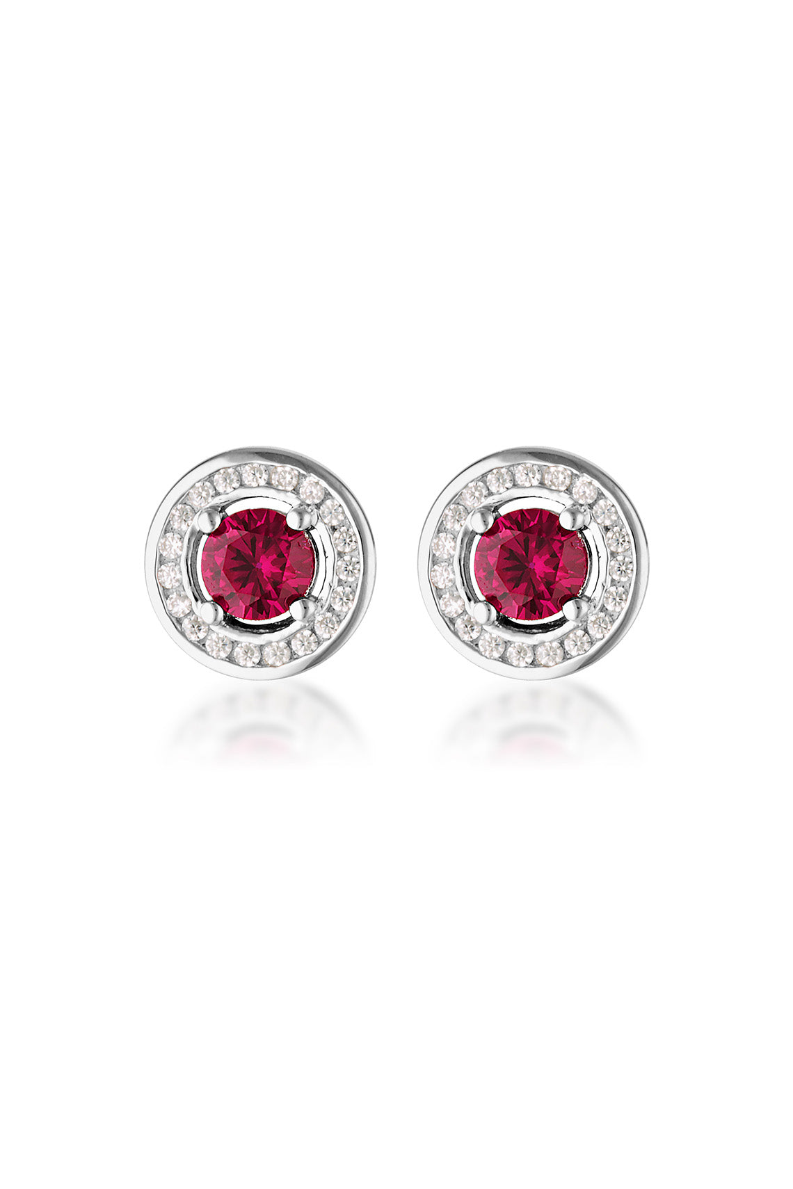 MILESTONE RY RED ZIRCONIA HALO EARRINGS IN SILVER