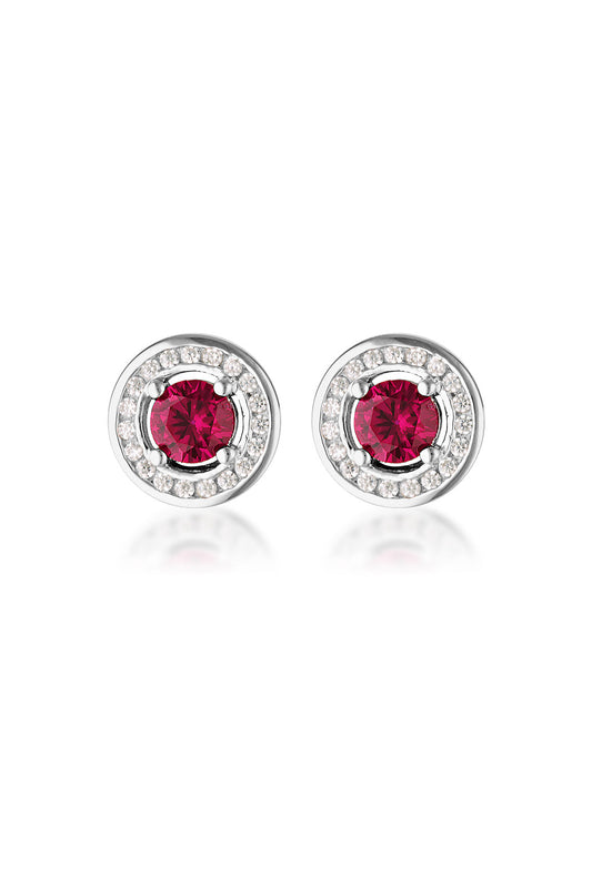 MILESTONE RY RED ZIRCONIA HALO EARRINGS IN SILVER
