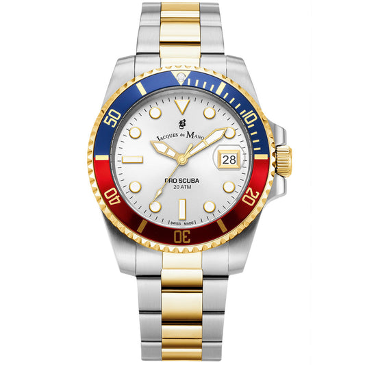 Jacques Du Manoir Swiss-Made Pro Scuba 43mm 200m Water Resistant Two Tone Red/Blue Bezel Watch