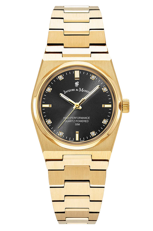 JDM Horizon Ladies 31mm 50m Black Dial Gold Stainless Steel Strap Watch