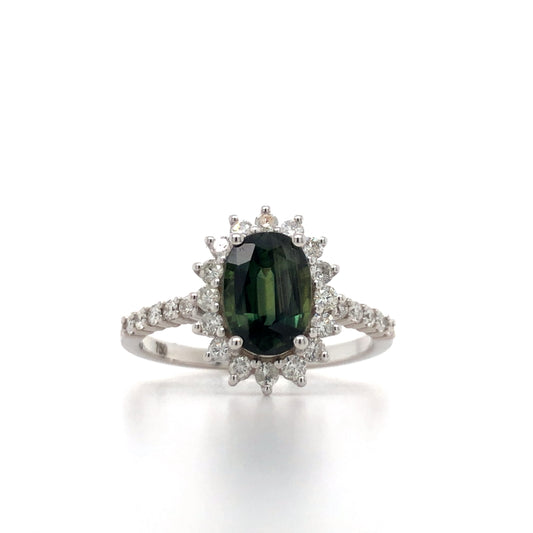 18K White Gold Green Sapphire and Diamond Cluster Ring