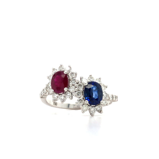 18K White Gold Ruby, Blue Sapphire and Diamond Ring (Oval)
