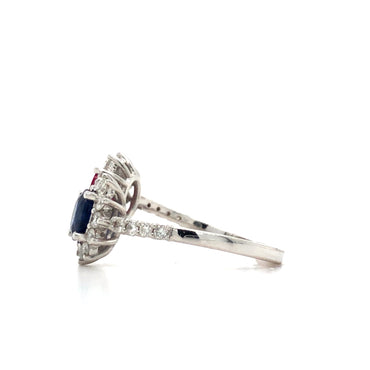 18K White Gold Ruby, Blue Sapphire and Diamond Ring (Oval)