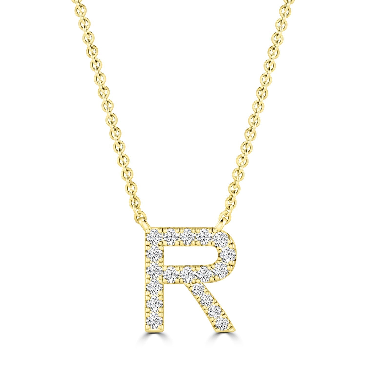 Initial Necklace with Natural Diamonds in 9K White Gold — R, 9kt YG