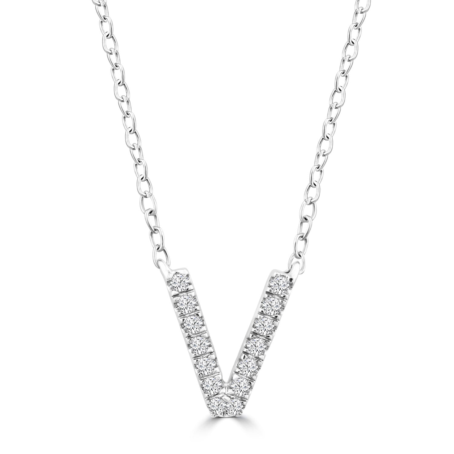 Initial Necklace with Natural Diamonds in 9K White Gold — V, 9kt WG