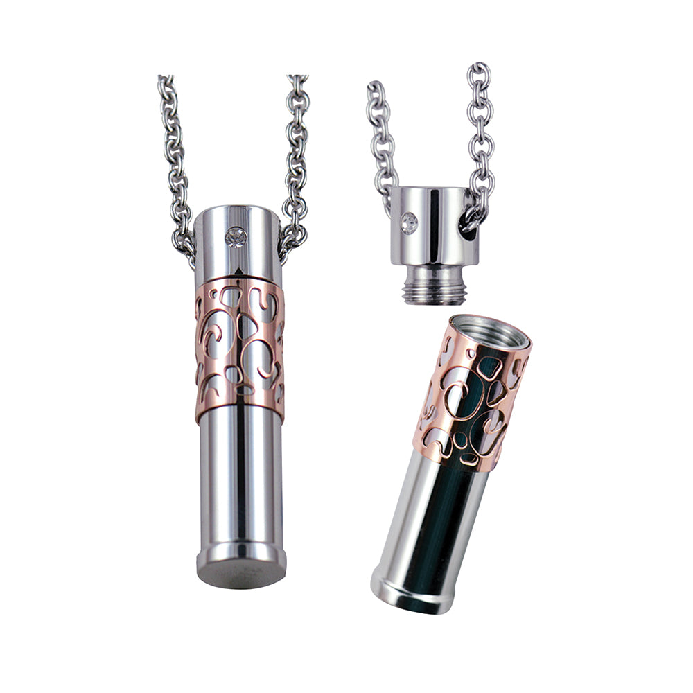 Stainless Steel / Pink IP / Crystal / Opening Cylinder Pendant with 80cm Chain