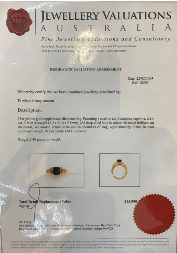 2.5ct Cushion Sapphire + 0.50ct Dia Ring 18kt Yellow Gold