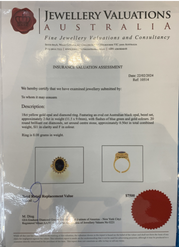 2.0ct Black Opal + 0.50ct Dia Halo 18kt Yellow Gold