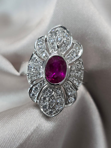 1.38ct Natural ruby + 0.70ct Dia Ring 18kt White Gold