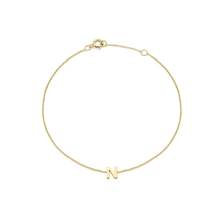 9K Yellow Gold Mini Initial Bracelet 15.5-19cm — N