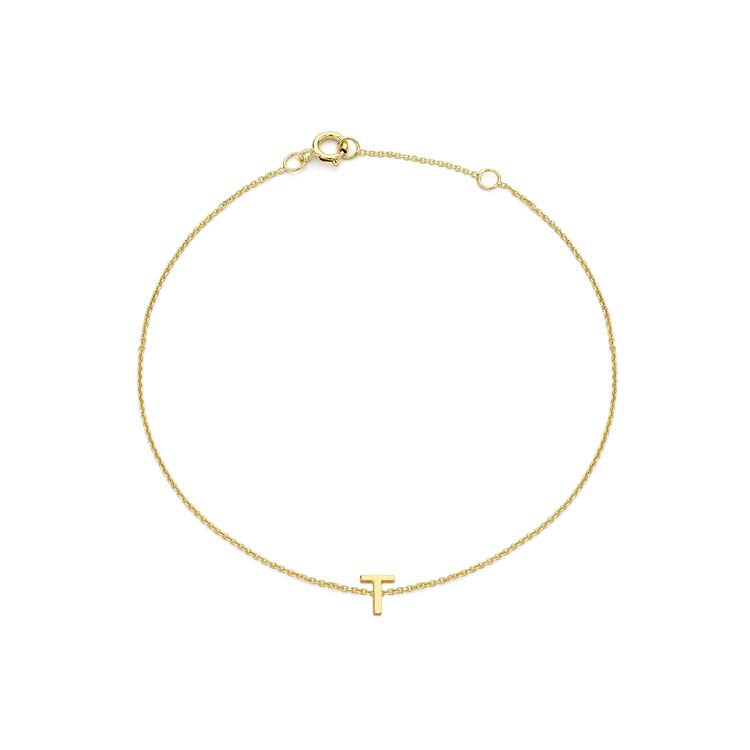 9K Yellow Gold Mini Initial Bracelet 15.5-19cm — T