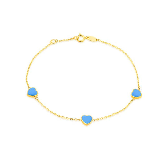 9K Yellow Gold Turquoise Heart Bracelet 19cm