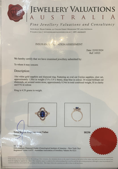 1.5ct Oval Sapphire + 0.34ct Dia Halo 18kt