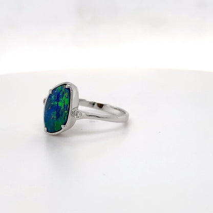 Aus Solid Opal 0.021ct Dia 14kt WG Ring