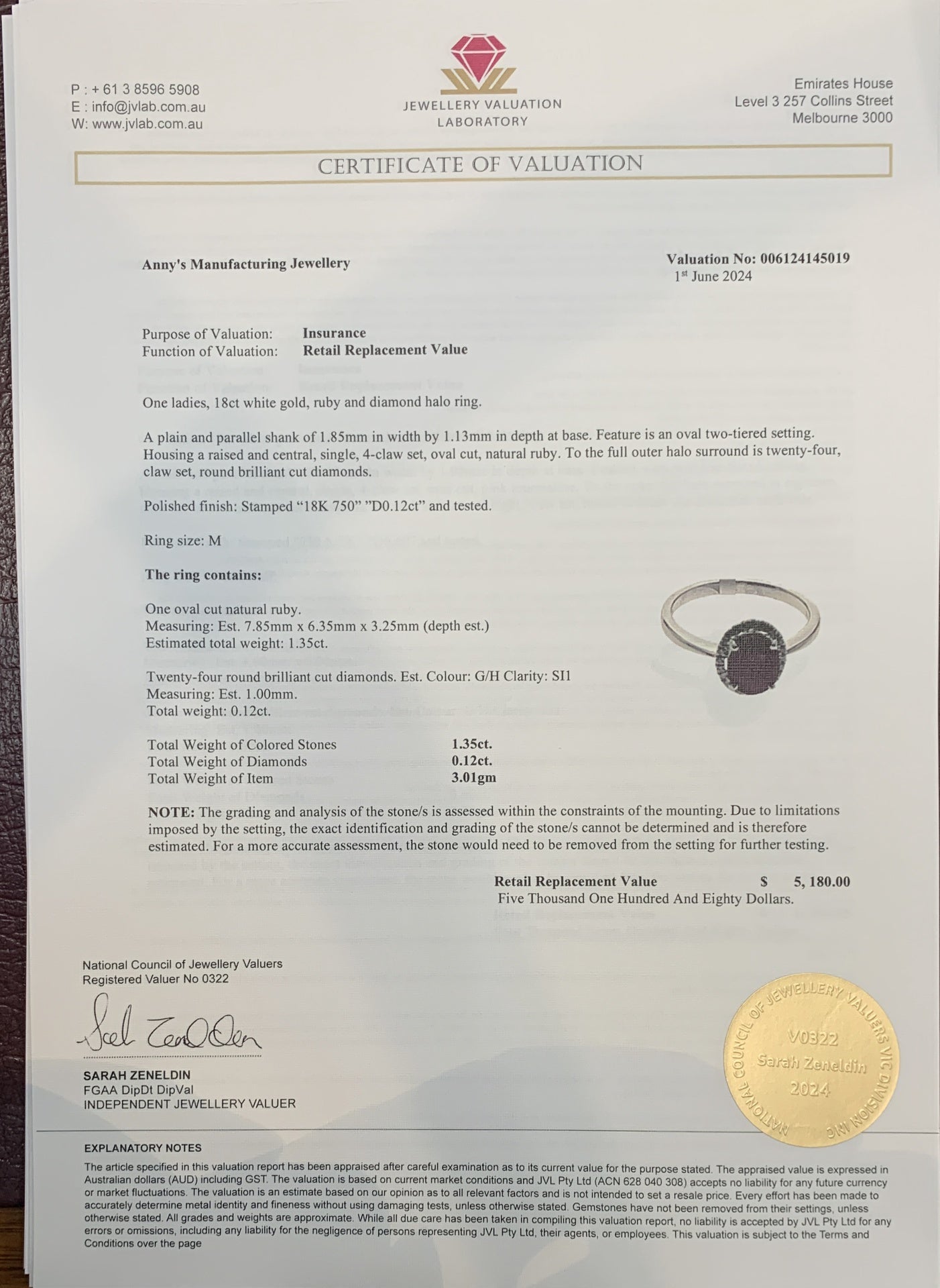 1.35ct Nat Ruby 0.12ct Dia Halo Ring 18kt WG