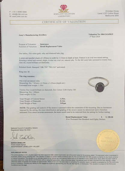 1.35ct Nat Ruby 0.12ct Dia Halo Ring 18kt WG