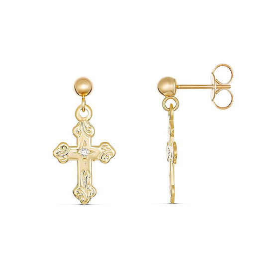 Petra Engraved Diamond Cross Drop Earring 9kt Yellow Gold