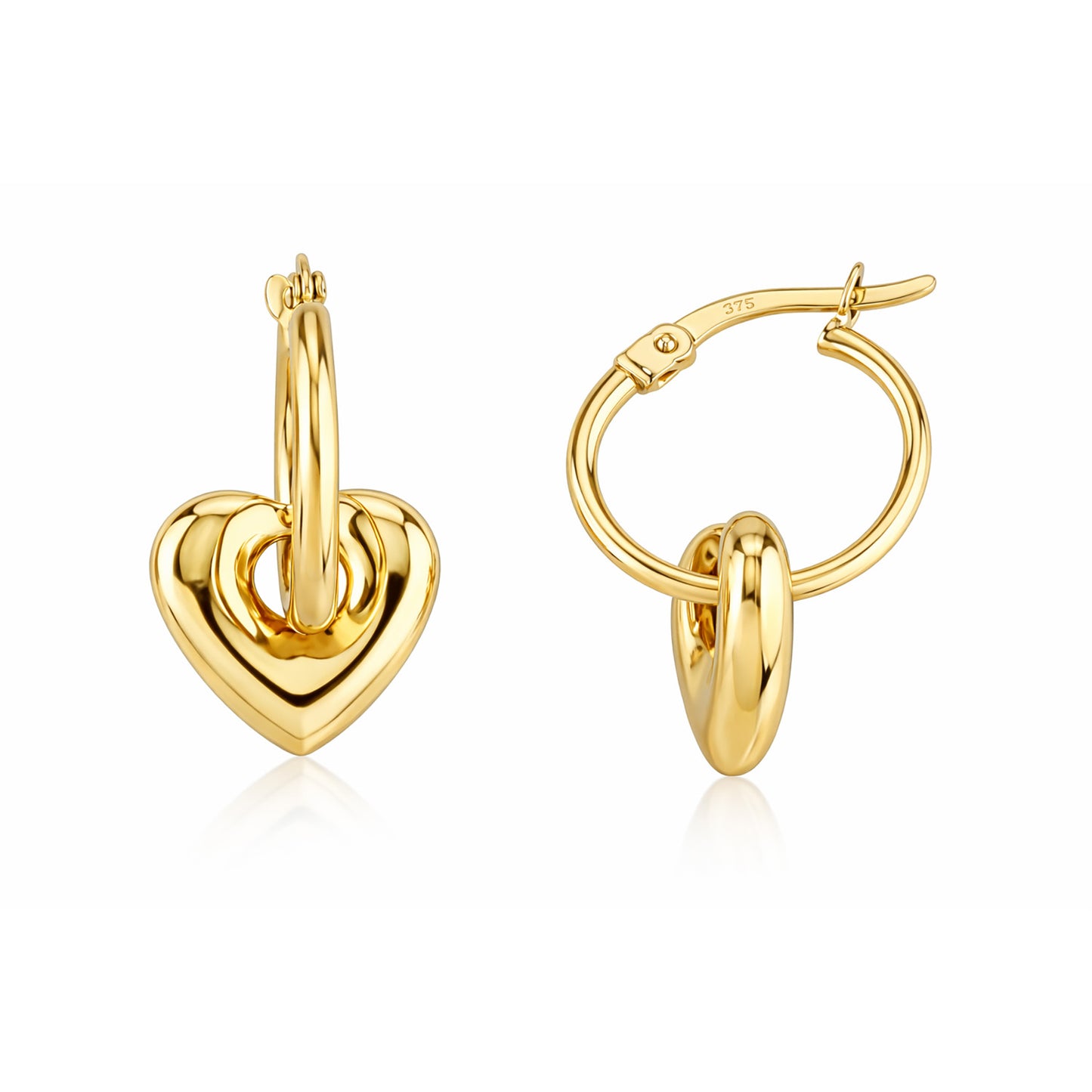 9K Yellow Gold Heart Detail Hoop Earrings