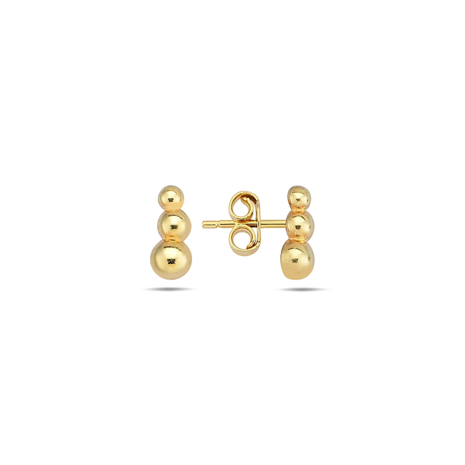 9K Yellow Gold 3 Bead Bar Stud Earrings