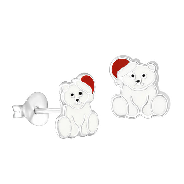 Enamel Polar Bear with Christmas Hat Studs