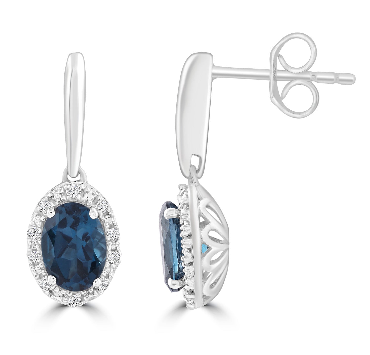 London Blue Topaz Earrings with 0.10ct Diamonds in 9K White Gold