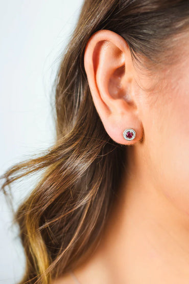 MILESTONE RY RED ZIRCONIA HALO EARRINGS IN SILVER