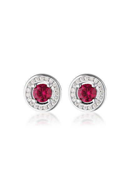 MILESTONE RY RED ZIRCONIA HALO EARRINGS IN SILVER