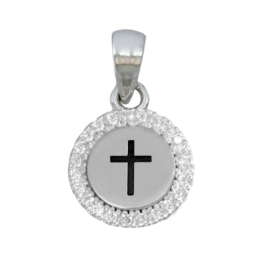 Silver Stone Set Round Cross Charm
