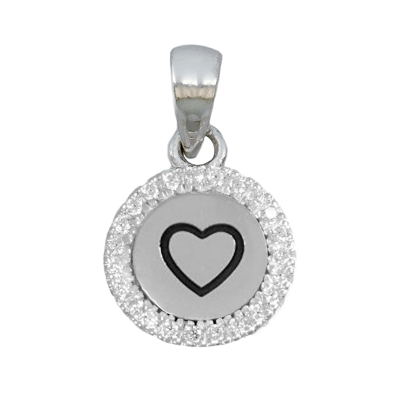 White Cz Round Charm with Heart