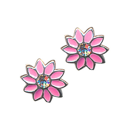 Pink Enamel / White Crystal Flower Studs