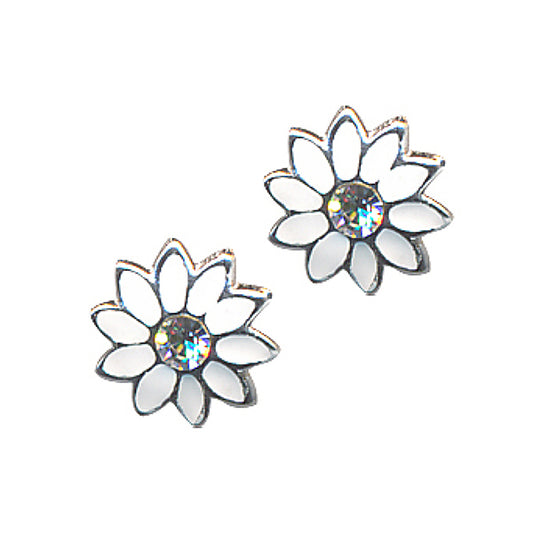 White Enamel / White Crystal Flower Studs